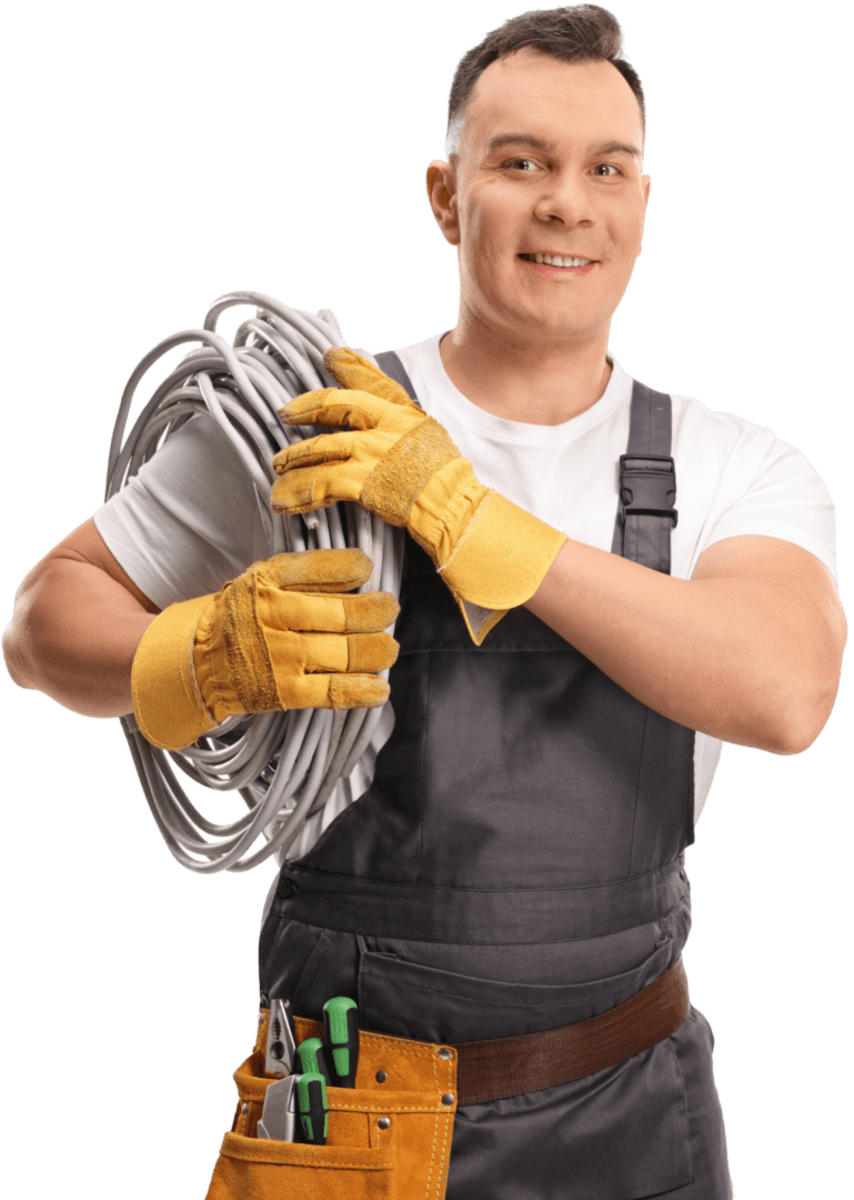 Electrician holding coiled cables and tools.