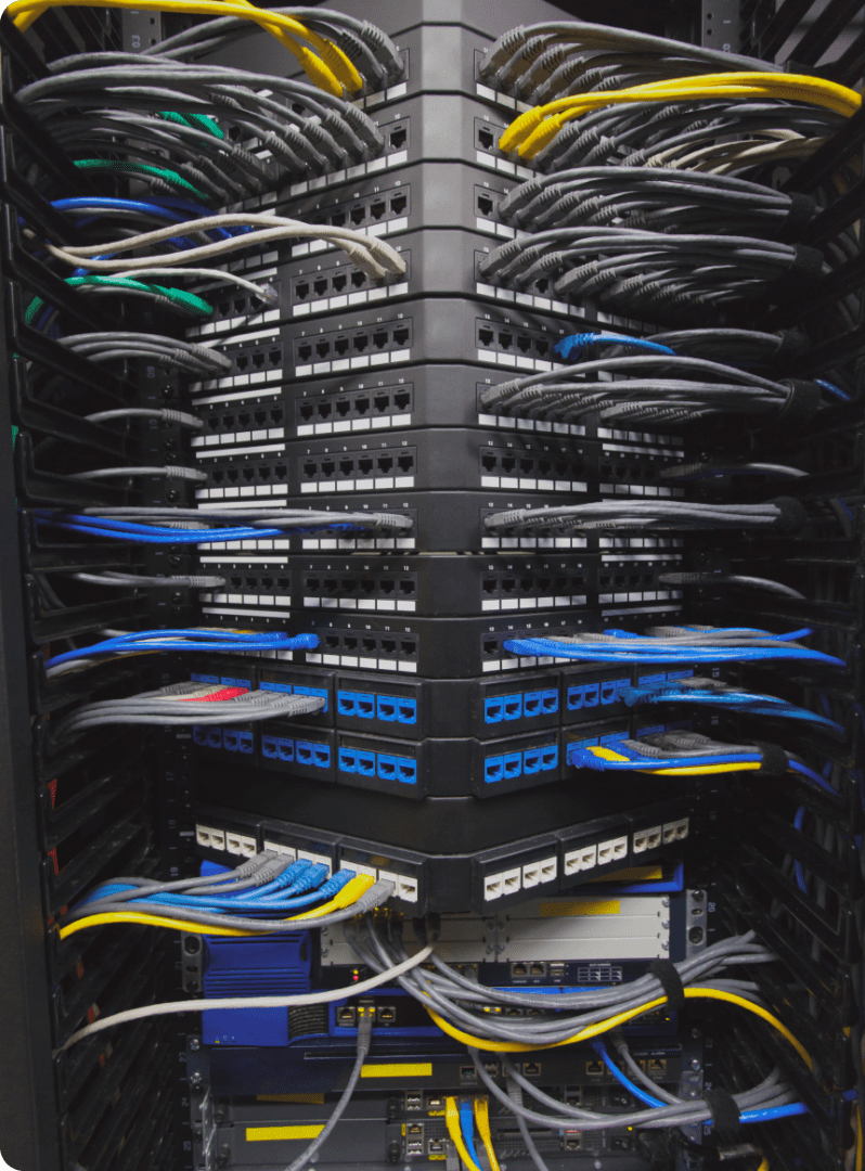 Server rack with network cables connected.