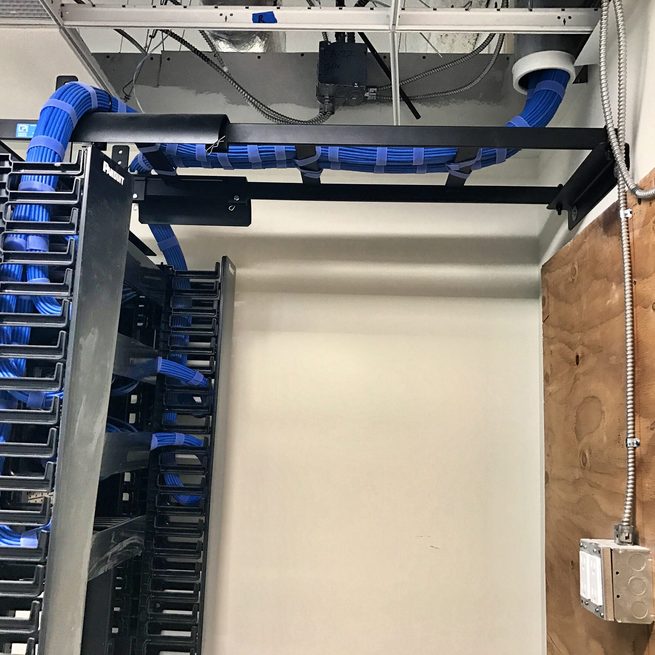Server room with organized blue network cables.